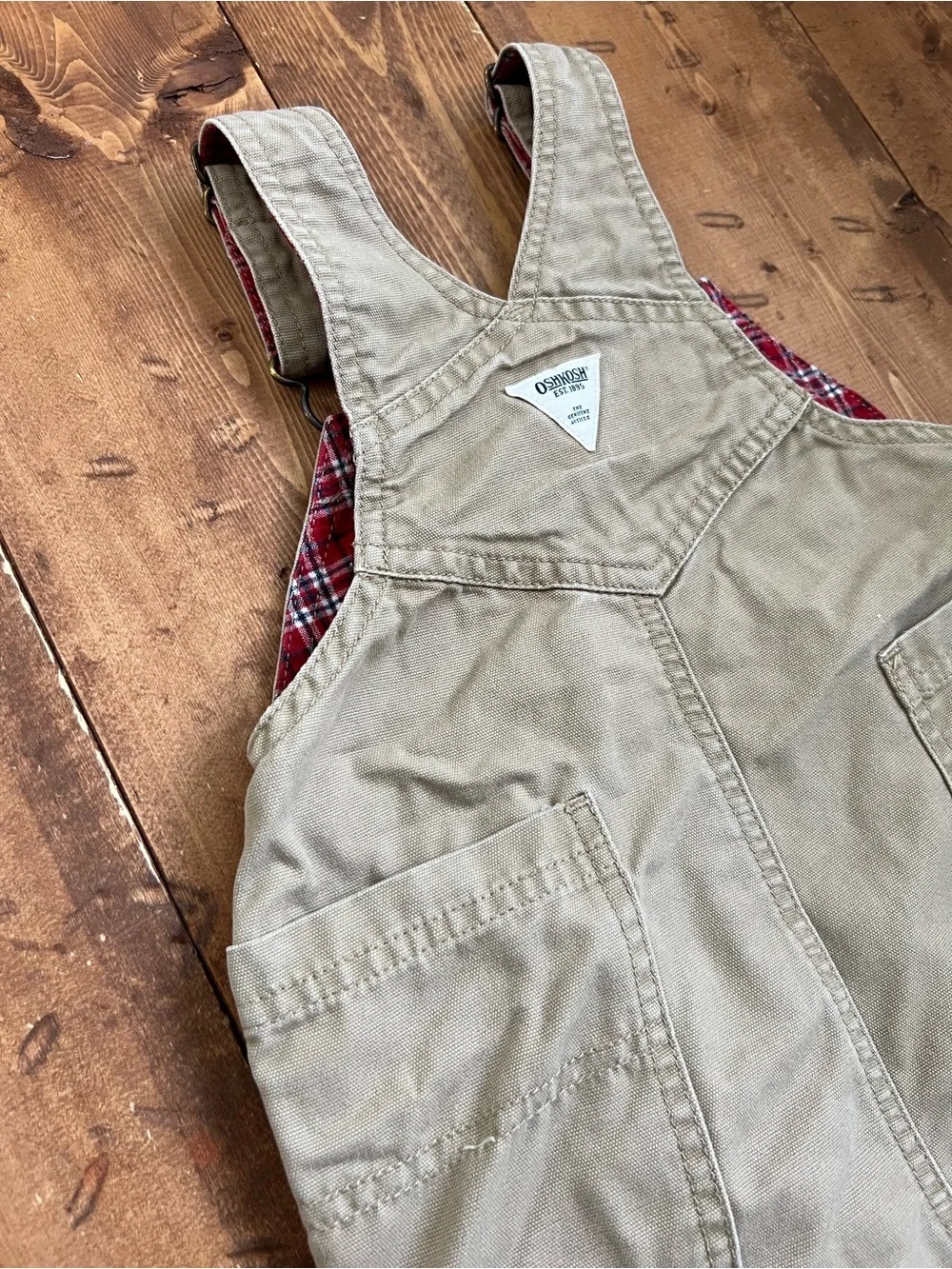 OshKosh B’Gosh Canvas Overalls 24 Months Tan 100% Cotton Plaid Trim